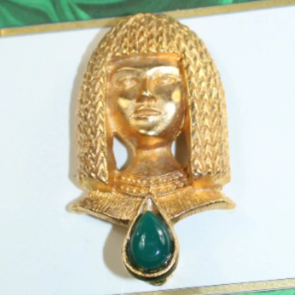 Margot Townsend Gold Egyptian Face Emerald Color Inverted Teardrop Stone
